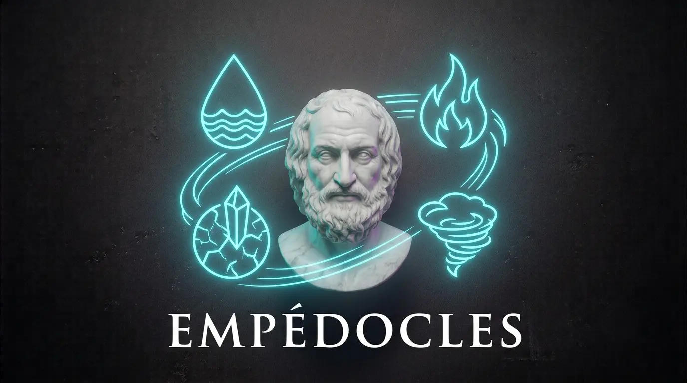 Busto de mármol de Empédocles rodeado por los símbolos de los cuatro elementos en neón cian, representando su biografía.