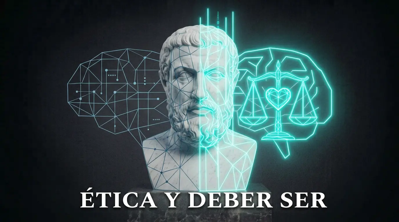 Busto de mármol dividido que representa la diferencia entre los hechos (el ser) y los valores morales (el deber ser) junto a una balanza en neón cian.