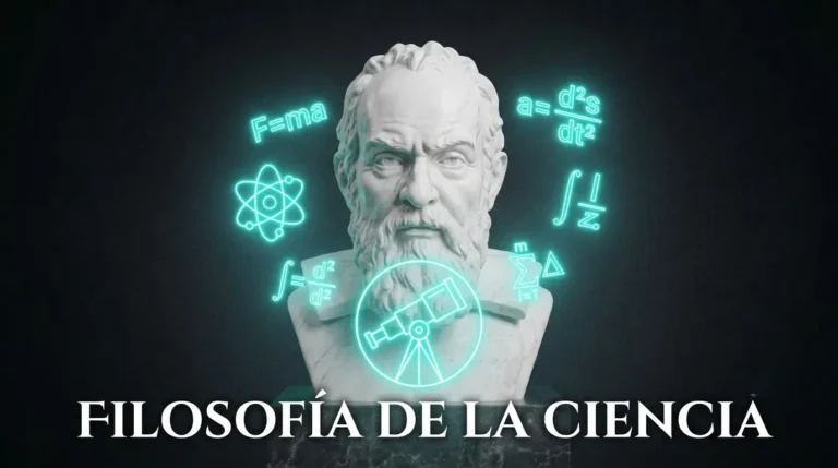 Busto de mármol de Galileo Galilei rodeado de un átomo y fórmulas en neón cian, representando la práctica científica y sus métodos.