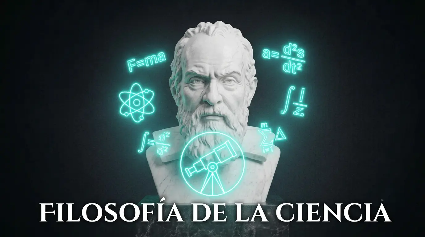 Busto de mármol de Galileo Galilei rodeado de un átomo y fórmulas en neón cian, representando la práctica científica y sus métodos.