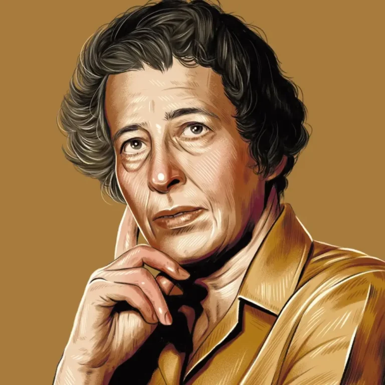 rostro reconocible de Hannah Arendt rodeado de líneas de neón cian, representando su filosofía política sobre el totalitarismo.