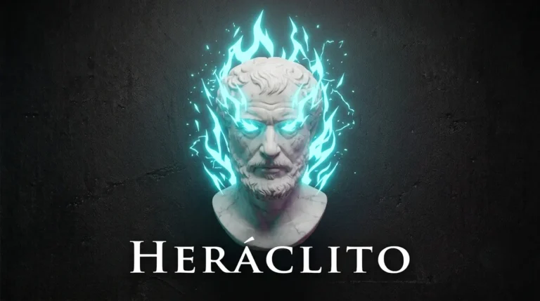 Busto de mármol de Heráclito rodeado de llamas de fuego de neón cian, representando la biografía de Heráclito.