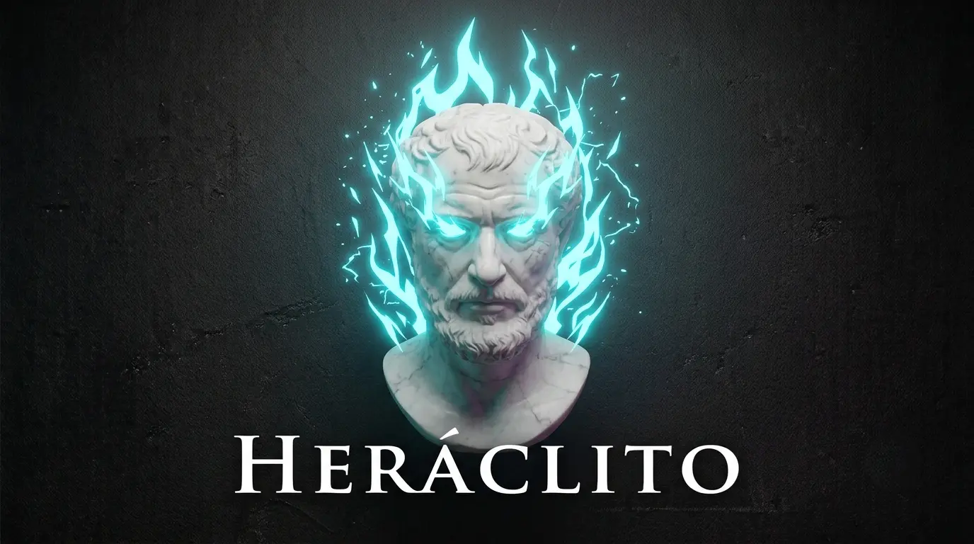 Busto de mármol de Heráclito rodeado de llamas de fuego de neón cian, representando la biografía de Heráclito.