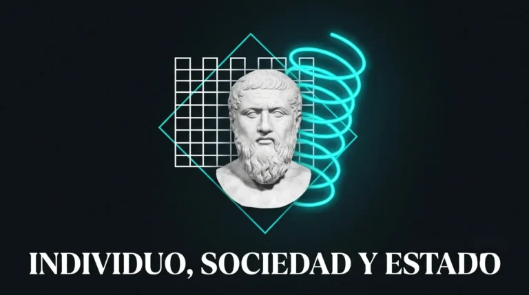 Busto de mármol clásico rodeado por una fortaleza geométrica y una espiral en neón cian, representando la tensión entre el Estado y la utopía política.