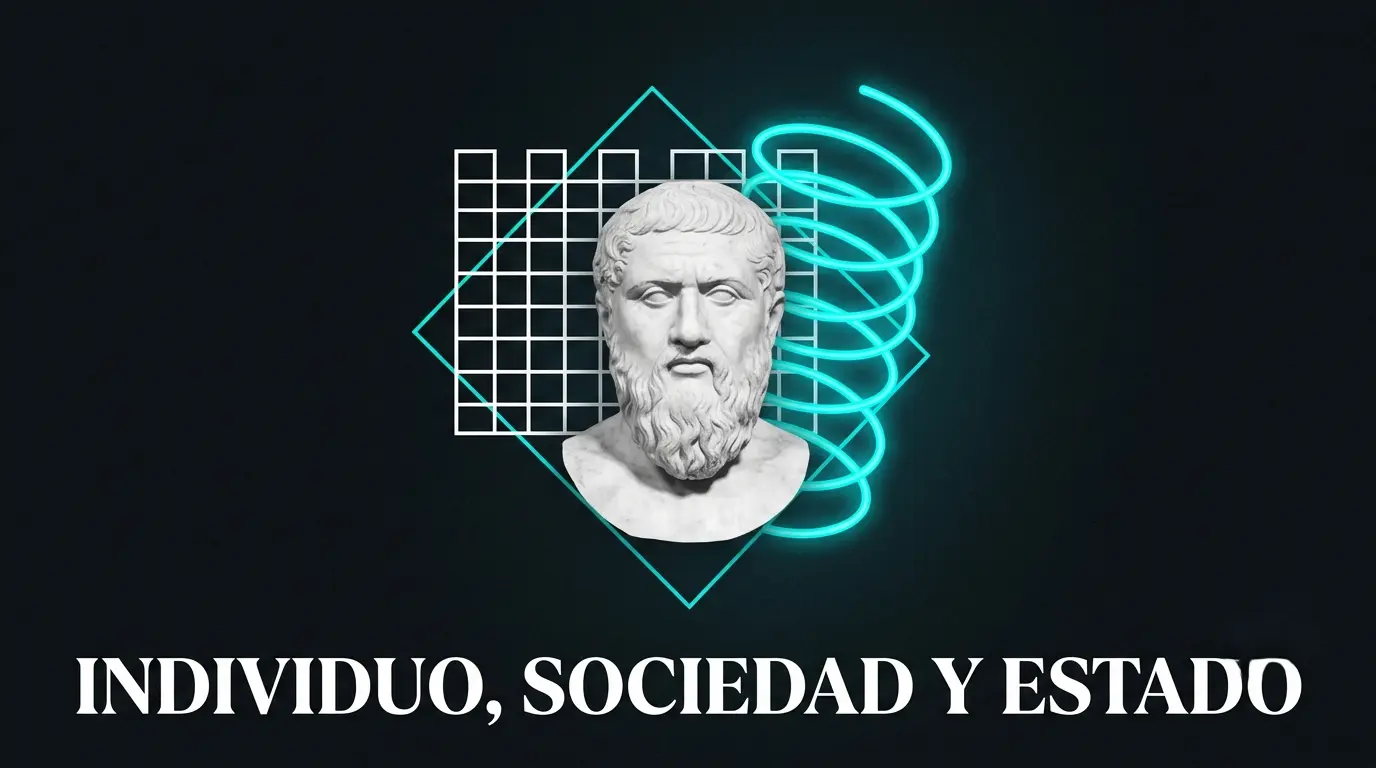 Busto de mármol clásico rodeado por una fortaleza geométrica y una espiral en neón cian, representando la tensión entre el Estado y la utopía política.