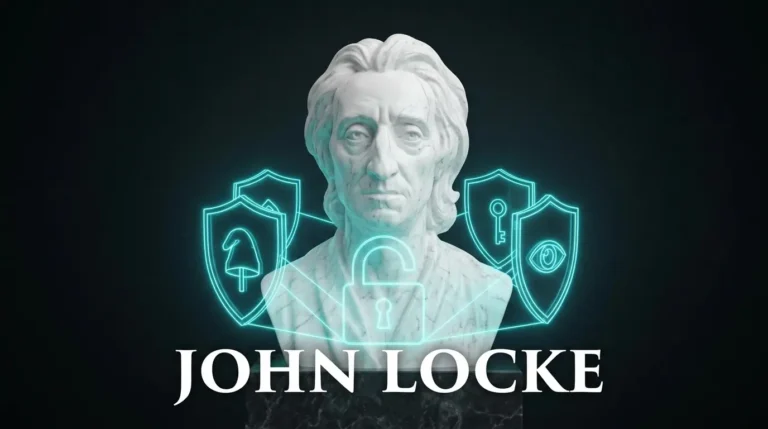 Busto de mármol con el rostro de John Locke rodeado de líneas de neón cian que forman un candado abierto, representando la libertad y el liberalismo.