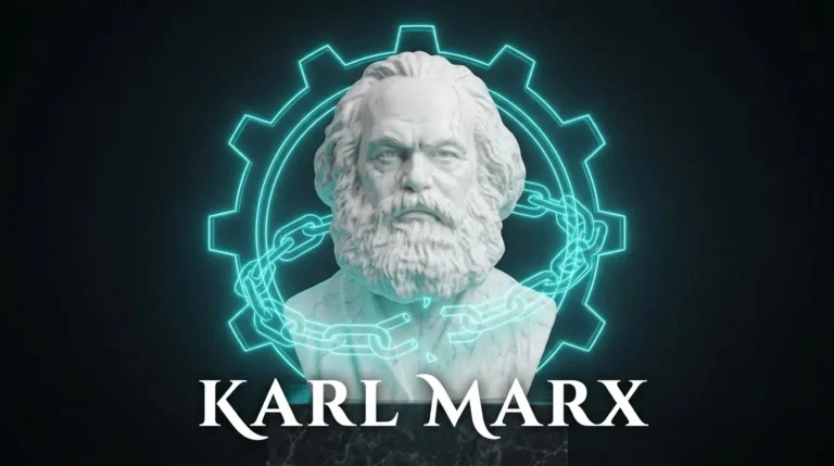 Busto de mármol con el reconocible rostro y barba de Karl Marx rodeado por un engranaje industrial en neón cian, representando su crítica al capitalismo.