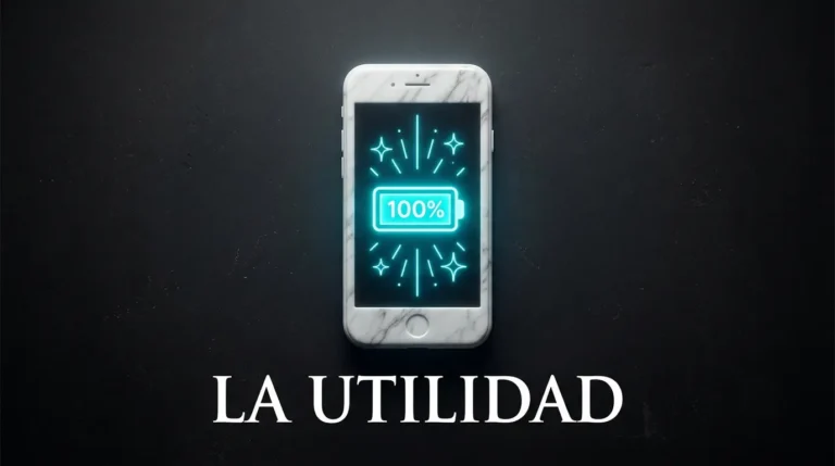 Smartphone de mármol con batería de neón cian al 100%, representando la utilidad real de la filosofía hoy en día.