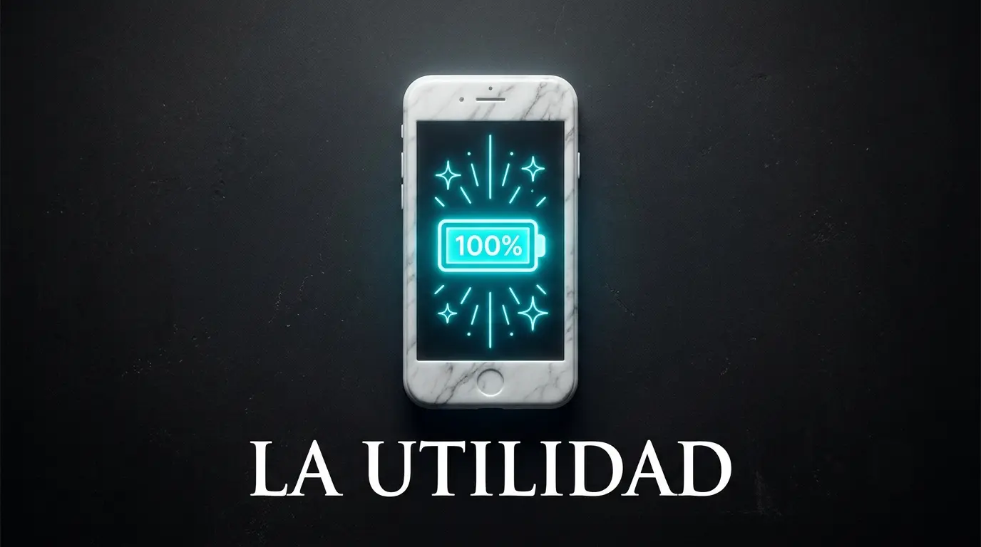 Smartphone de mármol con batería de neón cian al 100%, representando la utilidad real de la filosofía hoy en día.