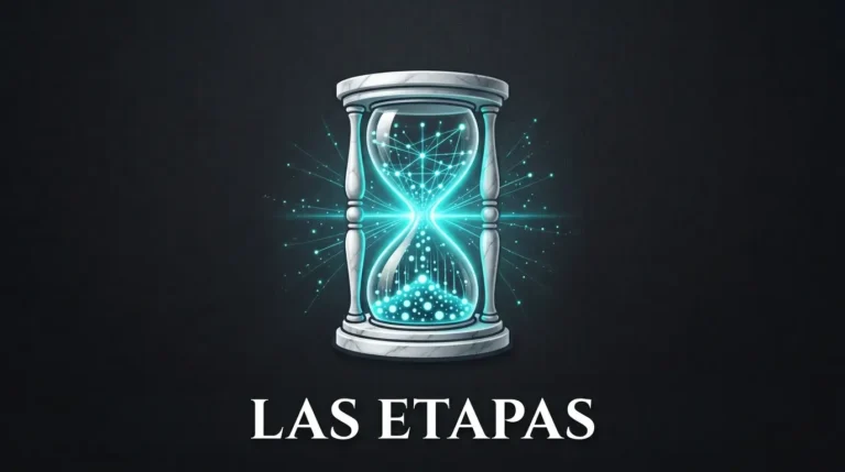 Reloj de arena de mármol con partículas de neón cian en su interior, representando las etapas de la historia de la filosofía.