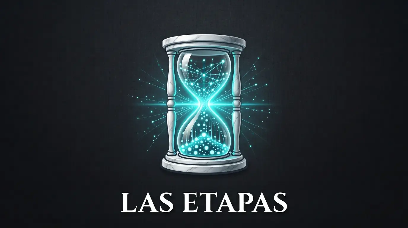 Reloj de arena de mármol con partículas de neón cian en su interior, representando las etapas de la historia de la filosofía.