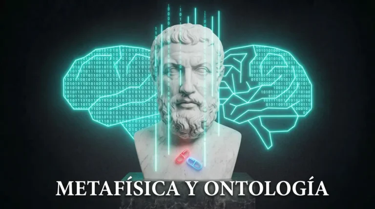 Busto de mármol de Parménides atravesado por líneas de código digital flotante en neón cian y dos píldoras, representando la metafísica y el mito de Matrix.