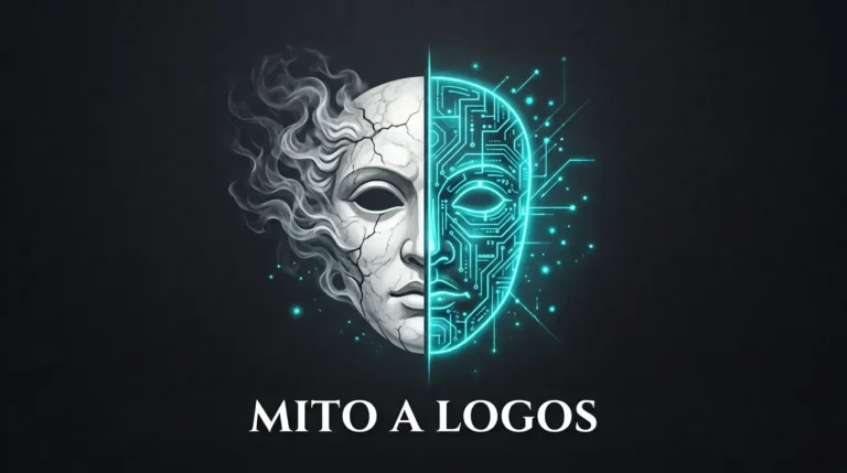 Máscara griega de mármol dividida en mitología y circuitos de neón cian, representando el paso del mito al logos.