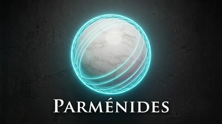 Esfera de mármol perfecta con líneas de neón cian a su alrededor, representando el Ser de Parménides.