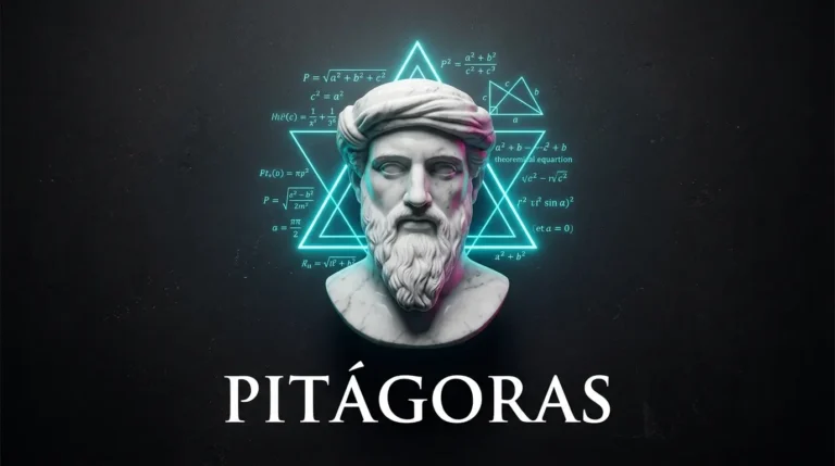 Busto de mármol de Pitágoras rodeado de triángulos y números de neón cian, representando la biografía de Pitágoras.