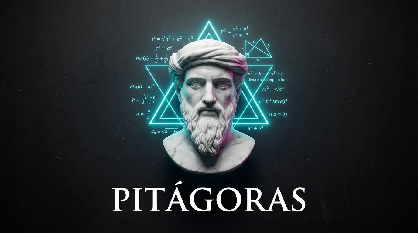 Busto de mármol de Pitágoras rodeado de triángulos y números de neón cian, representando la biografía de Pitágoras.