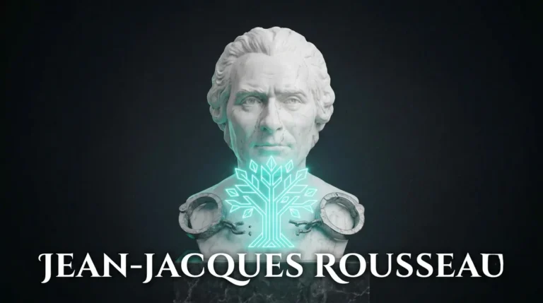 Busto de mármol con el rostro de Jean-Jacques Rousseau rodeado por un árbol y cadenas rotas en neón cian, representando su teoría del buen salvaje y la libertad.
