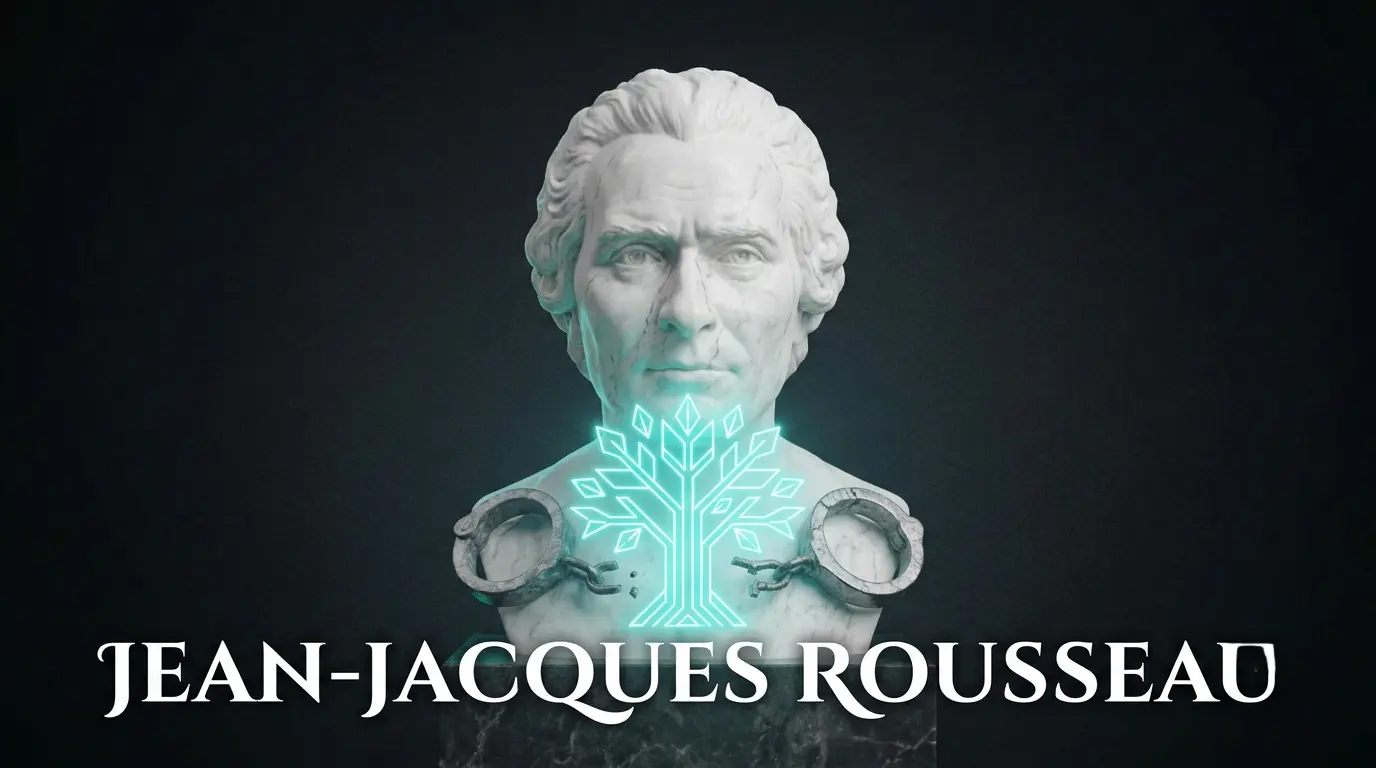 Busto de mármol con el rostro de Jean-Jacques Rousseau rodeado por un árbol y cadenas rotas en neón cian, representando su teoría del buen salvaje y la libertad.