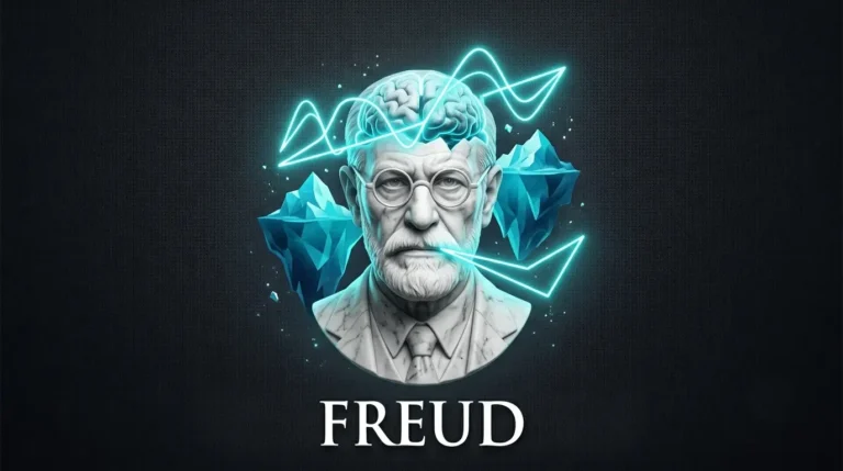 Busto de mármol de Sigmund Freud con líneas abstractas de neón cian, representando el inconsciente y el psicoanálisis