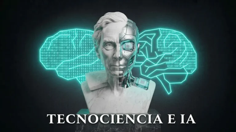 Busto de mármol clásico fusionado con circuitos robóticos y un cerebro digital en neón cian, representando la tecnociencia y la inteligencia artificial.