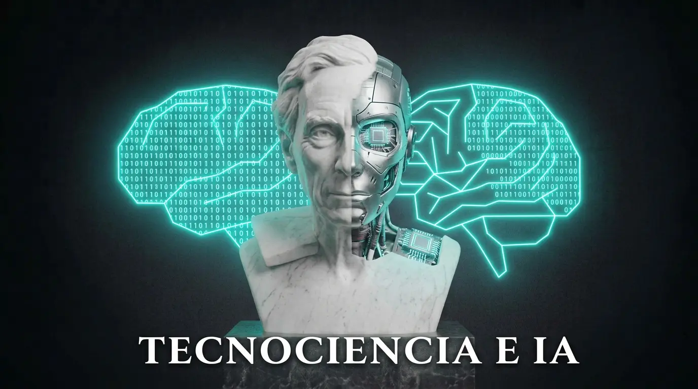 Busto de mármol clásico fusionado con circuitos robóticos y un cerebro digital en neón cian, representando la tecnociencia y la inteligencia artificial.