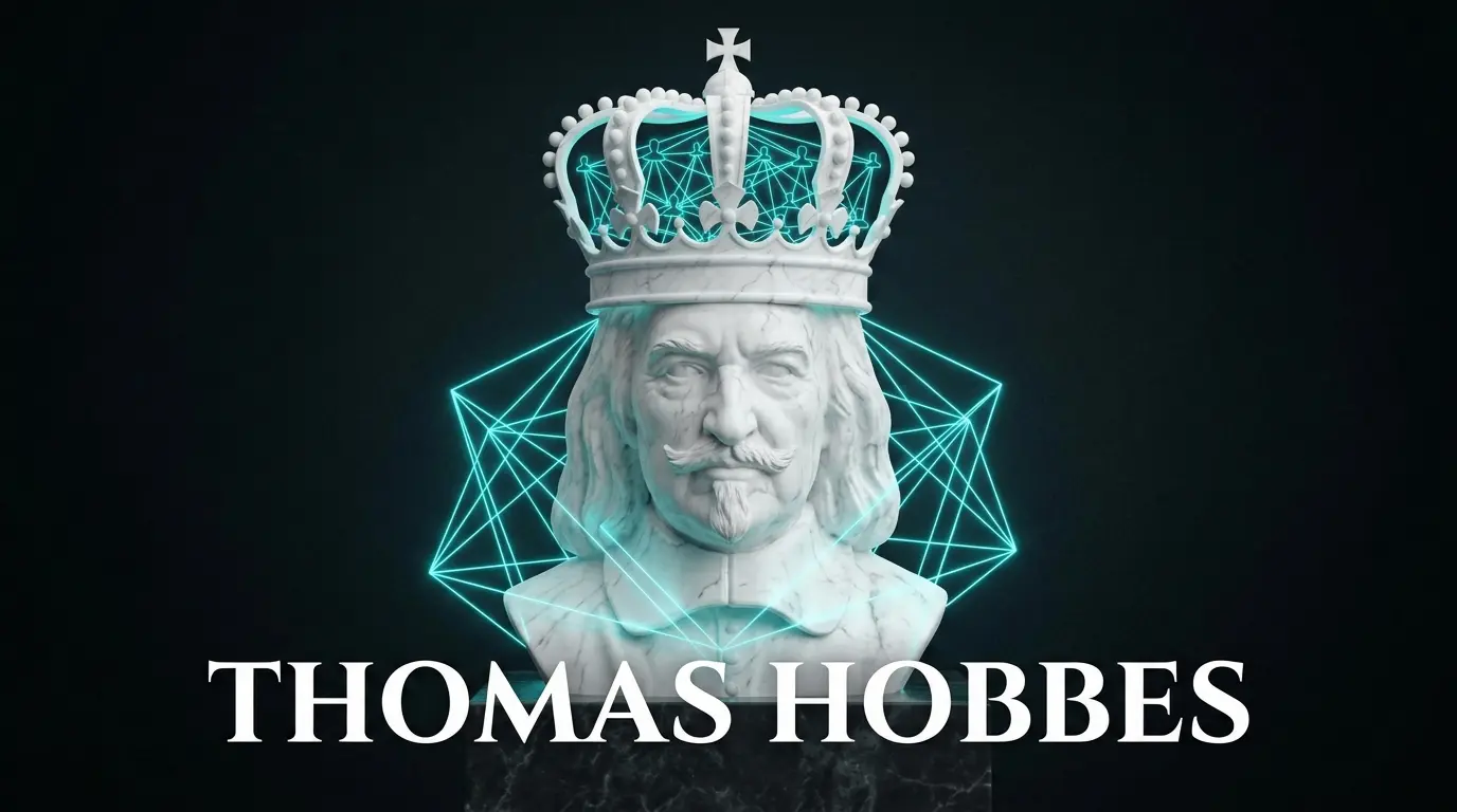 Corona de mármol con conexiones humanas en neón cian, representando la filosofía política de Thomas Hobbes.