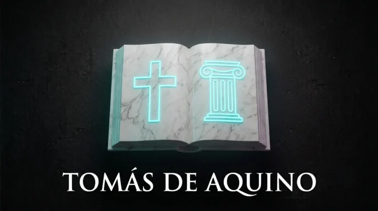 Libro de mármol abierto con los símbolos de una cruz y una columna griega en neón cian, representando la filosofía de Santo Tomás de Aquino.