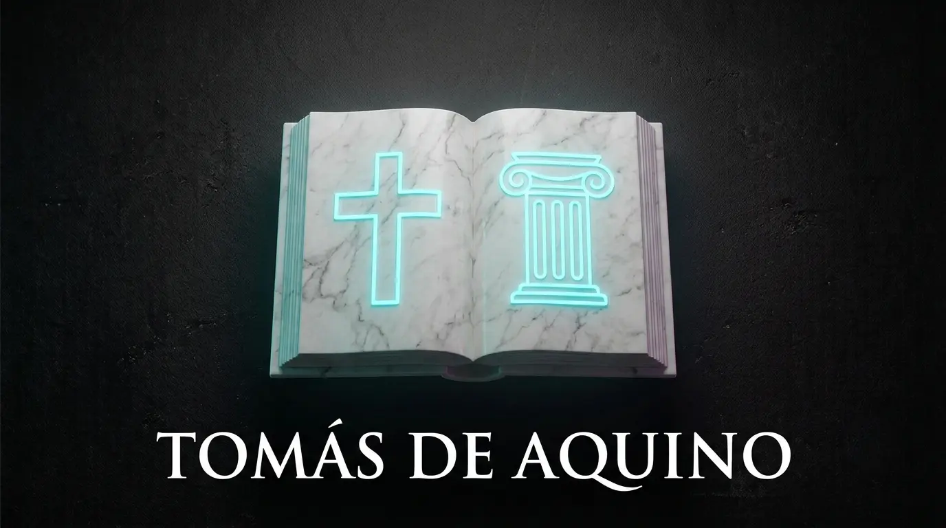 Libro de mármol abierto con los símbolos de una cruz y una columna griega en neón cian, representando la filosofía de Santo Tomás de Aquino.