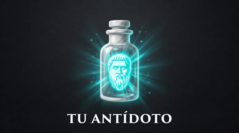 Frasco de medicina de mármol con la silueta de Platón en neón cian dentro, representando la filosofía como terapia