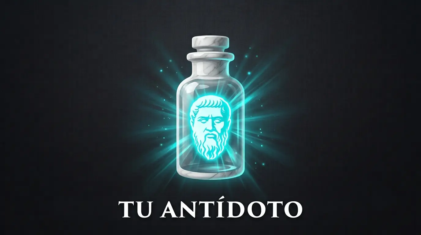Frasco de medicina de mármol con la silueta de Platón en neón cian dentro, representando la filosofía como terapia