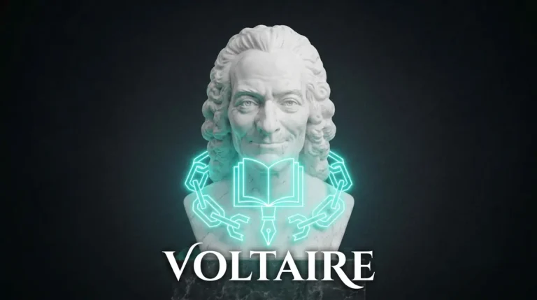 Busto de mármol con el rostro sonriente y burlón de Voltaire rodeado por una pluma estilográfica en neón cian, representando su defensa de la libertad de expresión.