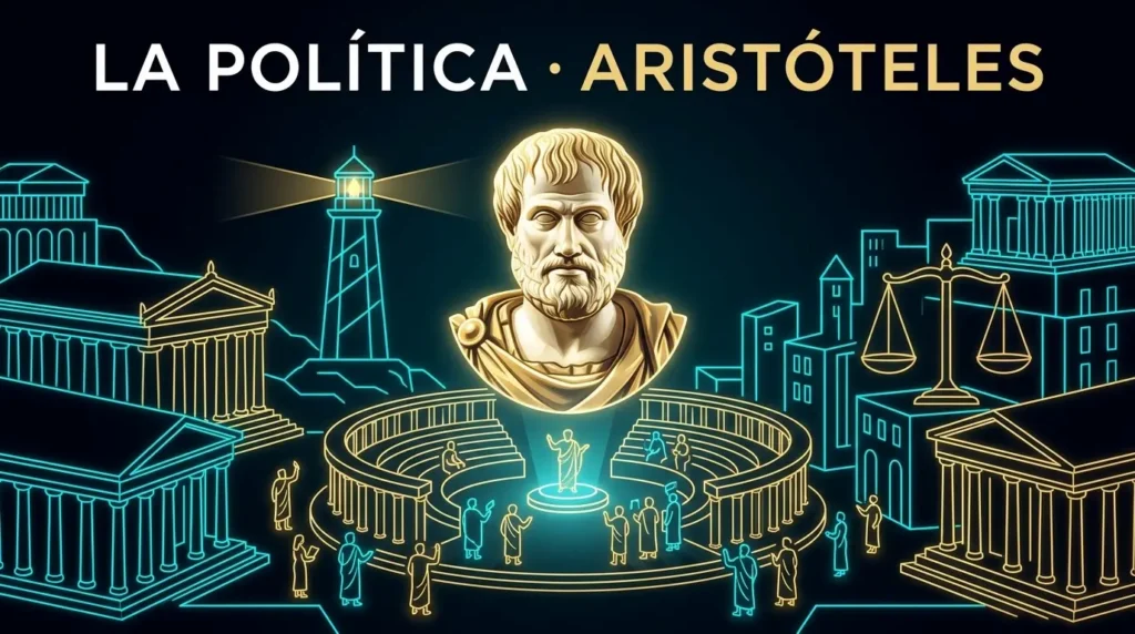 Ilustración conceptual de La Política de Aristóteles con la Polis ateniense y los símbolos del gobierno justo.