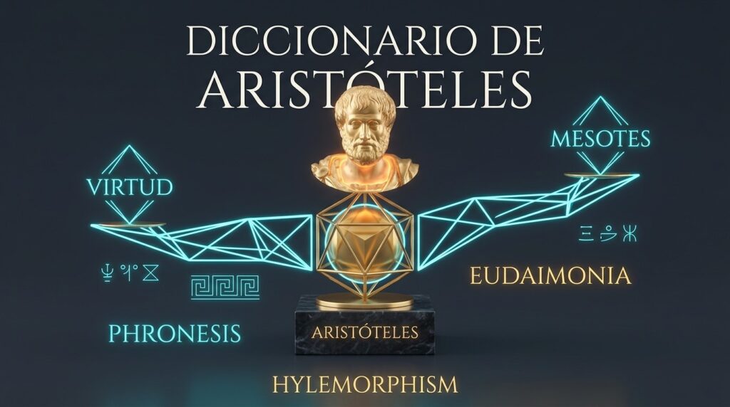 Ilustración conceptual del Diccionario de Términos de Aristóteles con símbolos de materia, forma y la búsqueda de la felicidad.