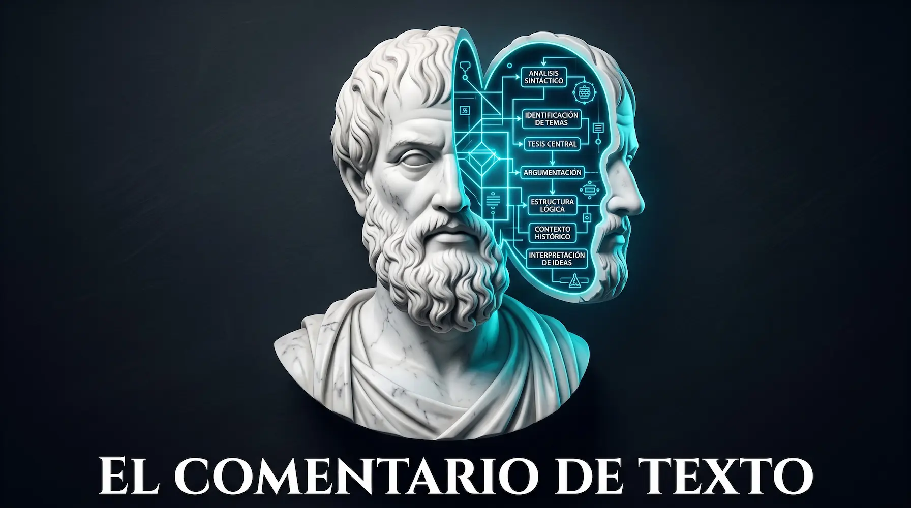 Busto de mármol clásico abriéndose como un plano con esquemas e hilos en neón cian, representando la estructura de un comentario de texto filosófico.