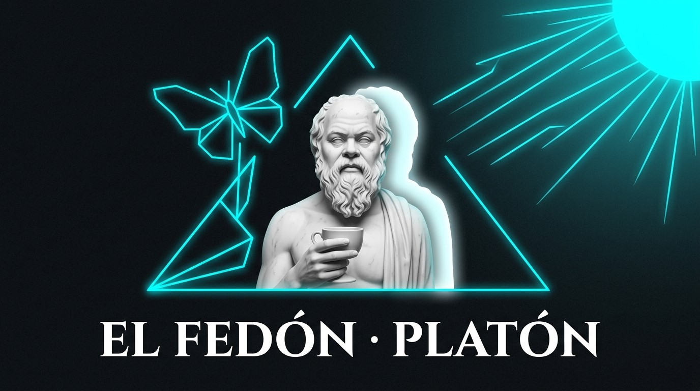 Busto de mármol de Sócrates sosteniendo una copa con una silueta luminosa que se eleva rodeada de líneas de neón cian, representando la inmortalidad del alma en el Fedón.