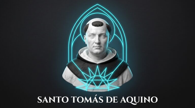 Busto de mármol de Santo Tomás de Aquino con corte de pelo medieval y un sol en neón cian en su pecho, representando la relación entre fe y razón.