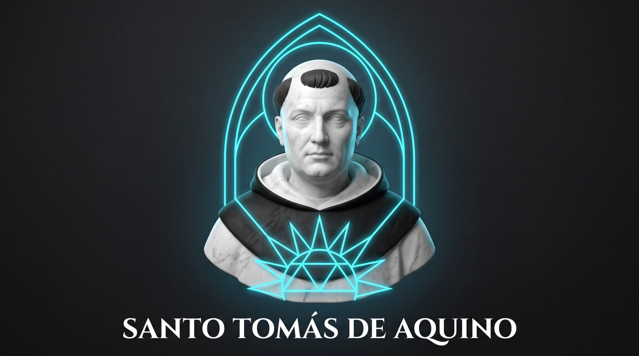 Busto de mármol de Santo Tomás de Aquino con corte de pelo medieval y un sol en neón cian en su pecho, representando la relación entre fe y razón.